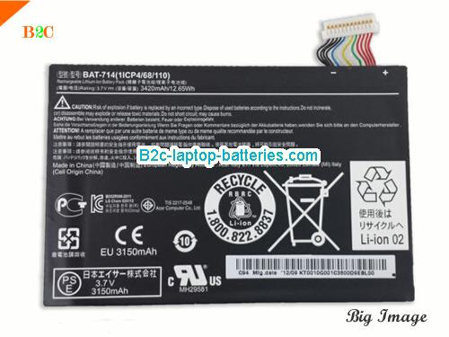 ACER Iconia Tab A110 Battery 3420mAh, 12.65Wh  3.7V Black Li-ion
