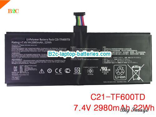 ASUS Vivo Tab TF6P00T Tablet Battery 2980mAh, 22Wh  7.4V Black Li-Polymer