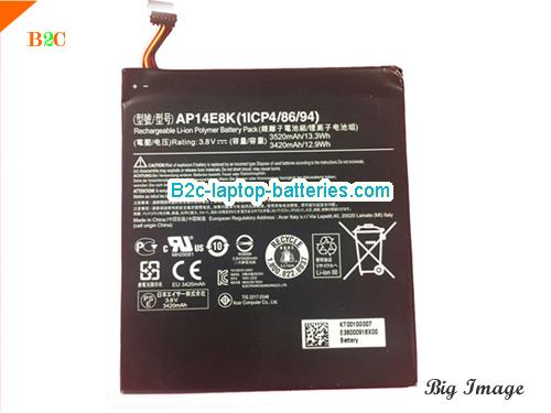 ACER Iconia One 7 B1-750 Battery 3520mAh, 13.3Wh  3.8V Black Li-ion