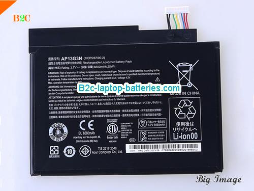 ACER 8.1-inch Tablet battery Battery 6800mAh, 25Wh  3.7V Black Li-Polymer